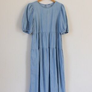 Light denim tiered midi dress with puff sleeves. Old Navy, size large.